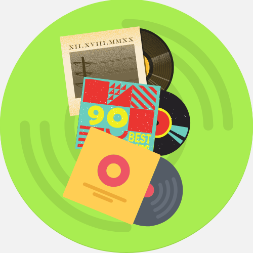 vinyl LPs in record sleeves on a green background