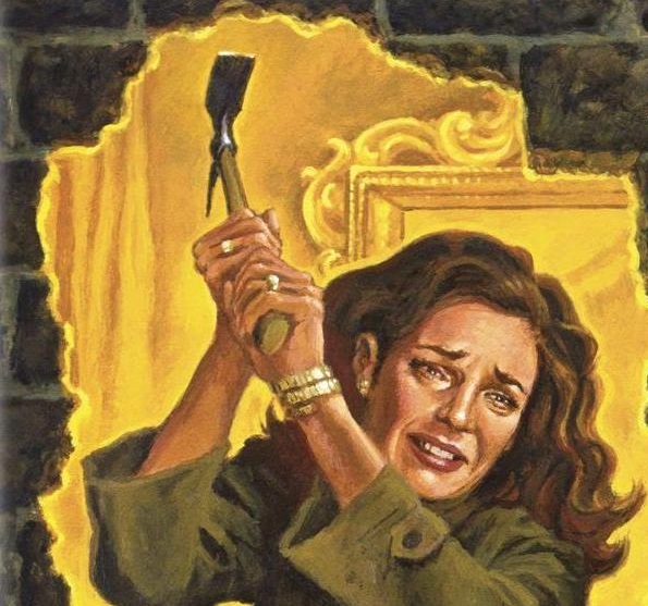 Distressed woman with pickaxe