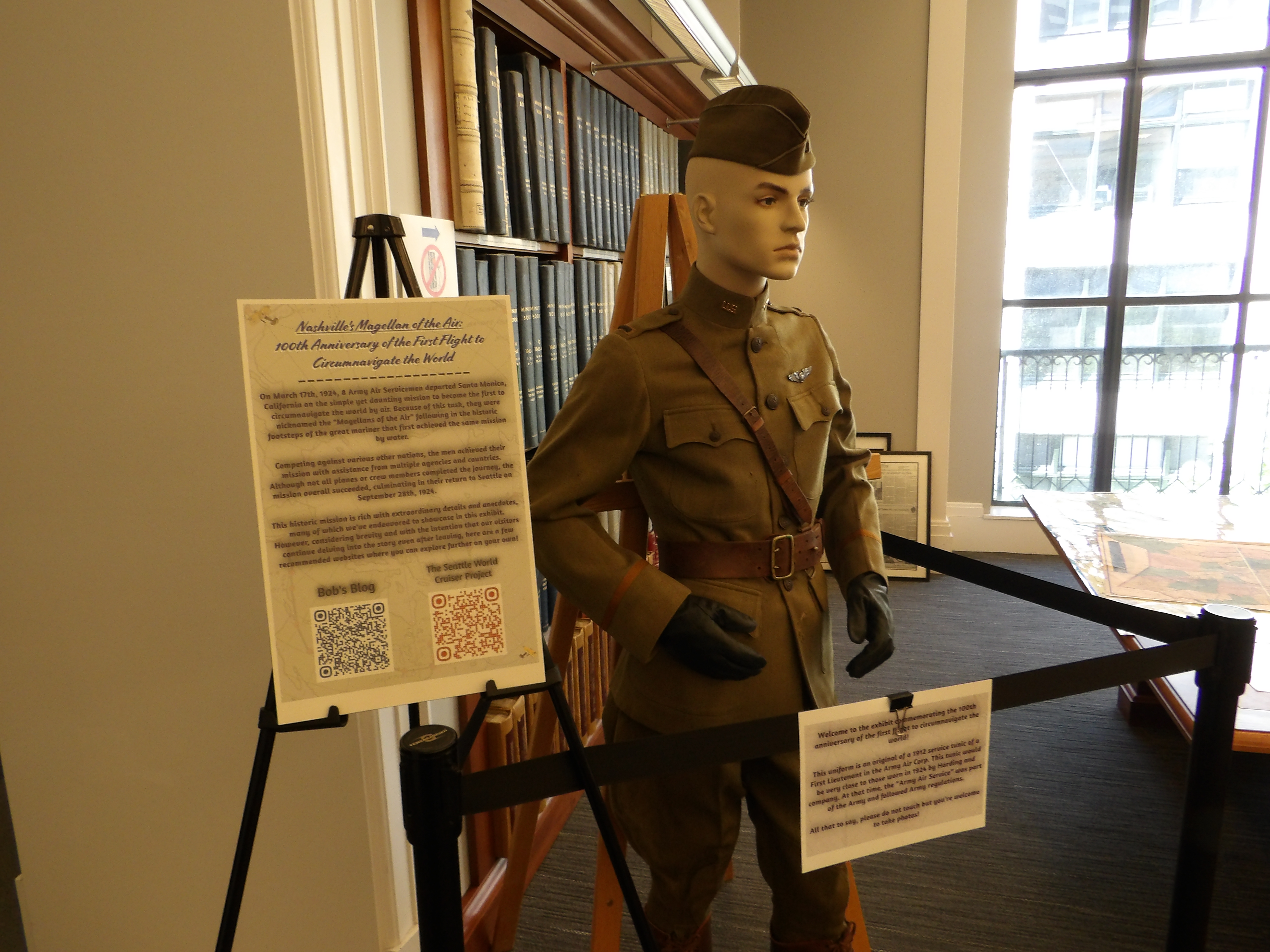 Beginning of Aviation Exhibit in Metro Archives with mannequin wearing WWI aviator uniform