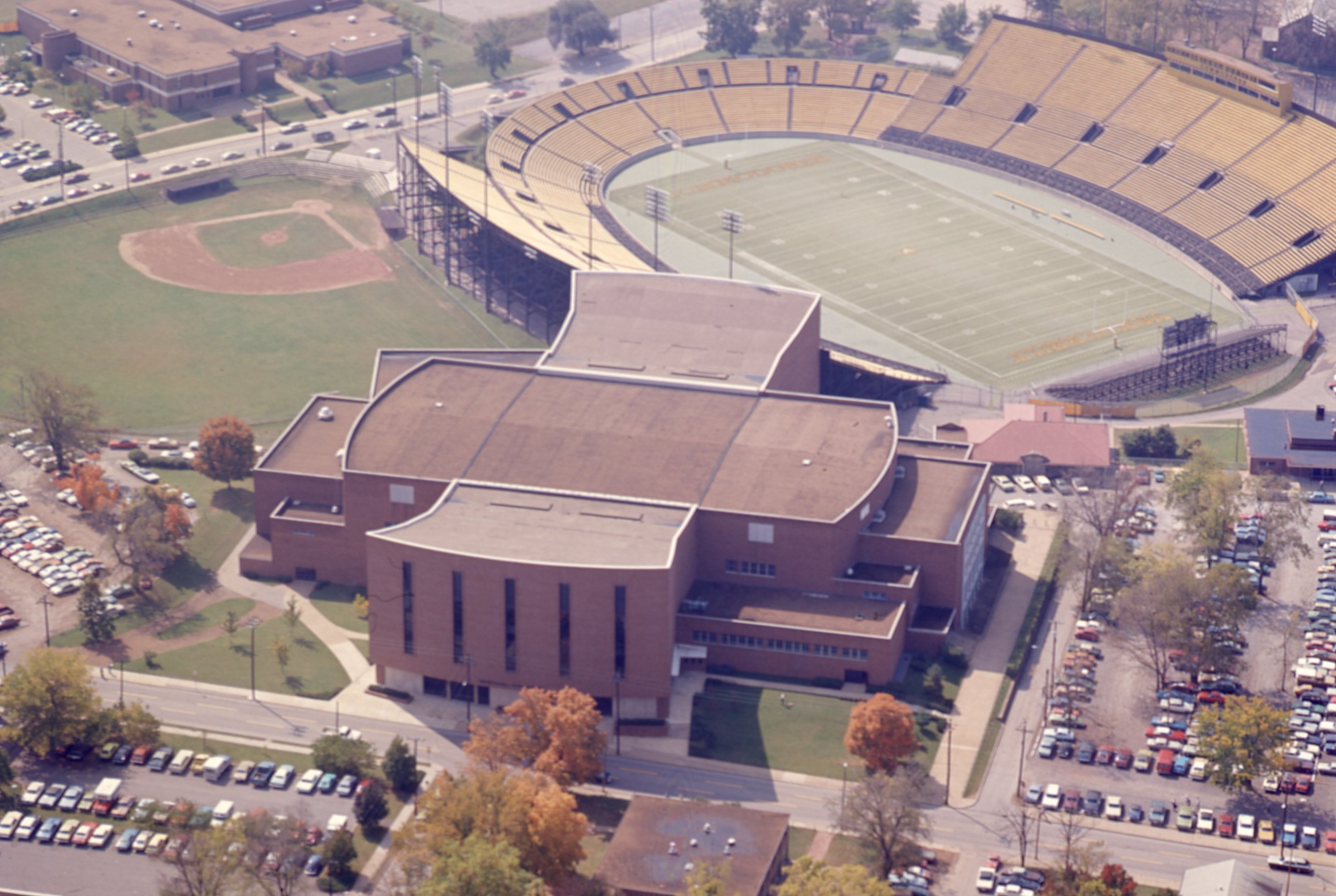 Aerial view of Memorial Gymnasium and Dudley Field at Vanderbilt