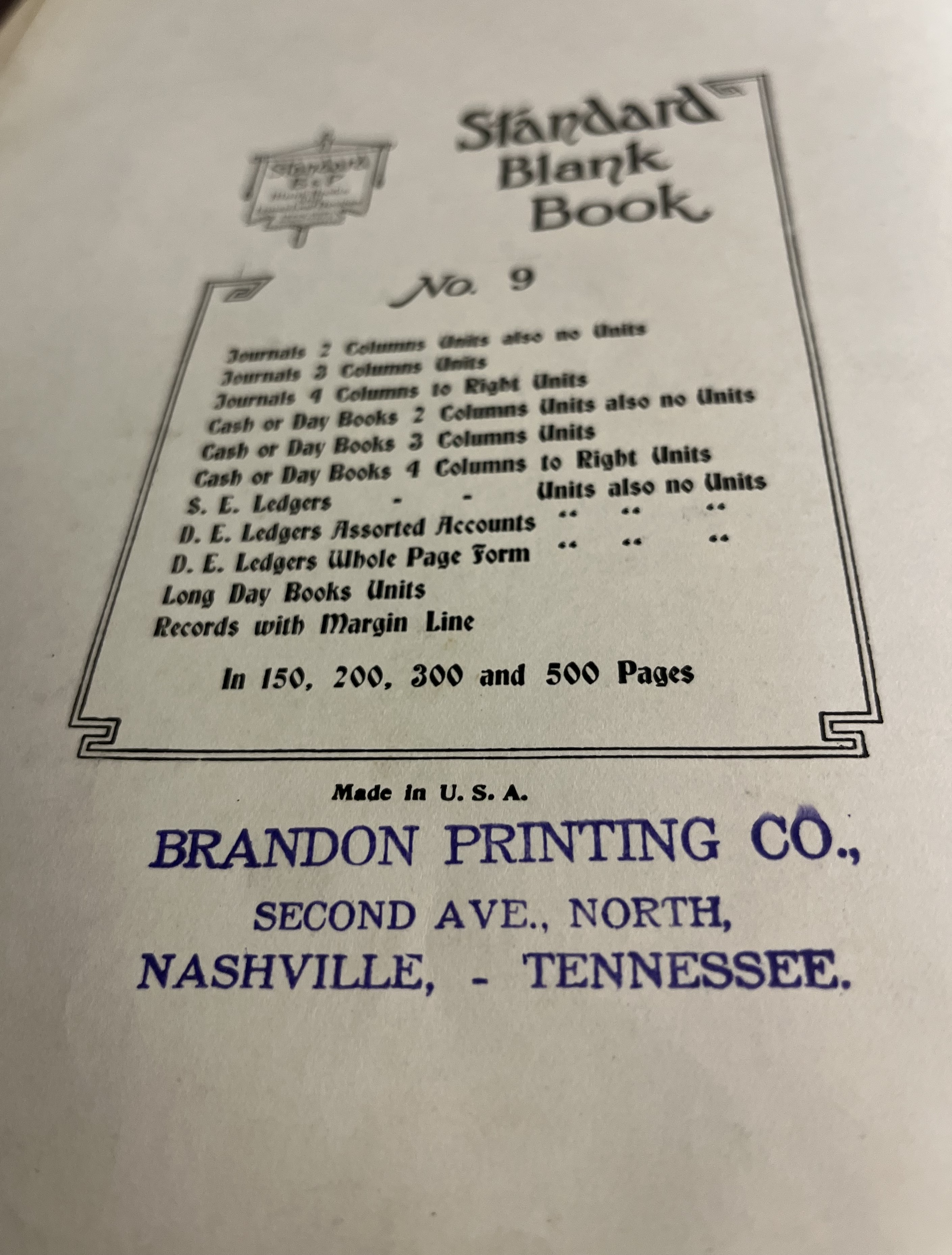 Front cover of ledger book with Brandon Printing Company stamped