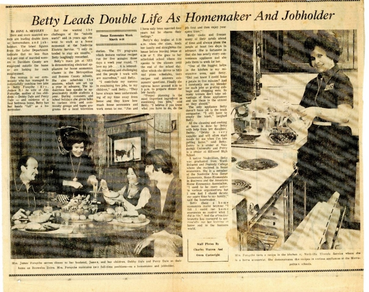 Figure XXIX. Newspaper story on Betty Bunch Forsythe's career as a Home Economist, c. 1960s. 