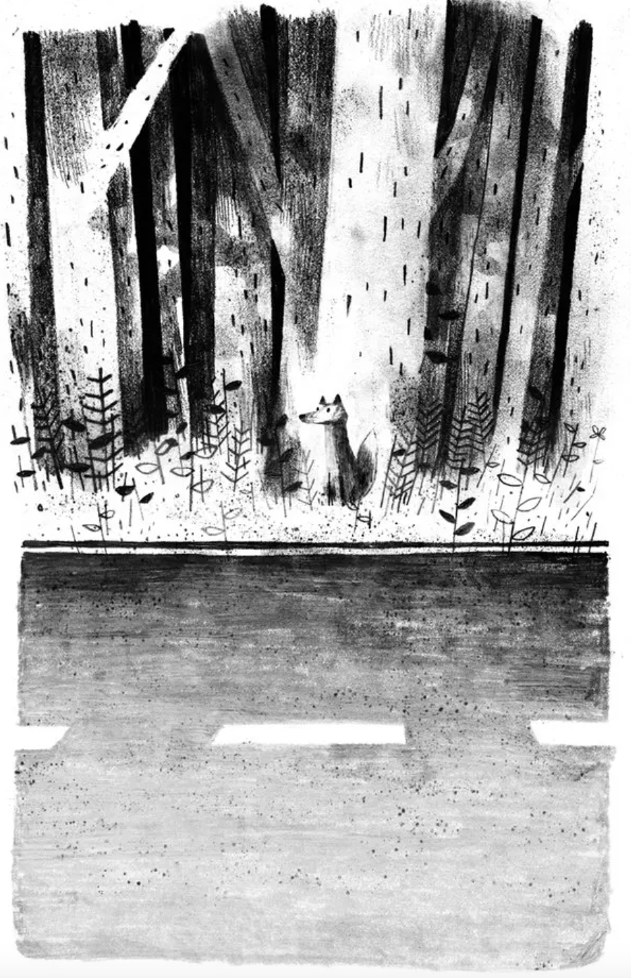 Pax on his own by the side of the road. Illustration by John Klassen in Pax by Sara Pennypacker. 