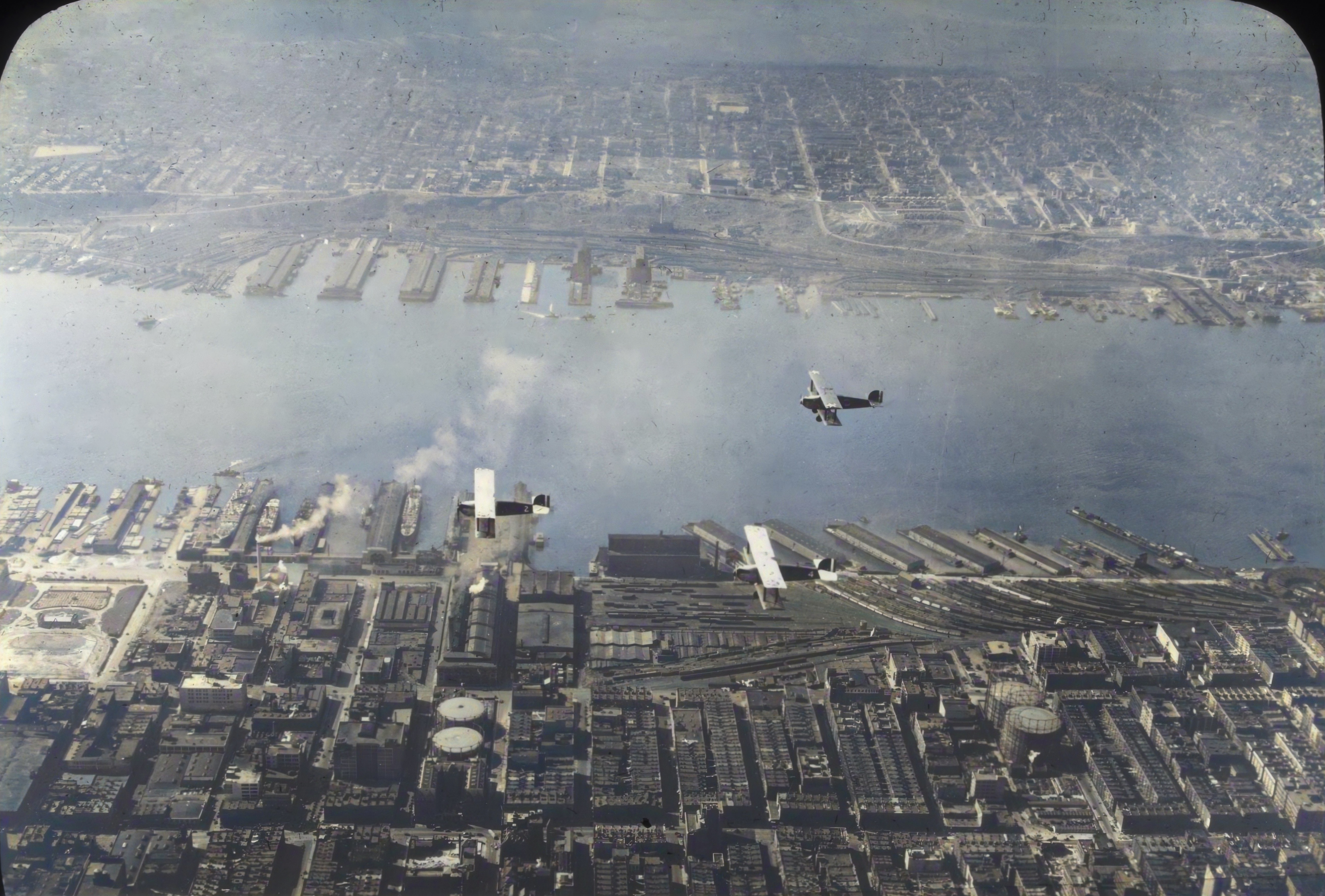 A view from above, the men flying over New York. 