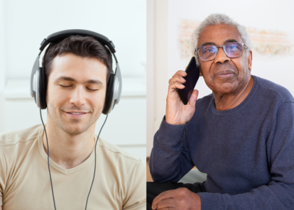 people listening with phone and headphones