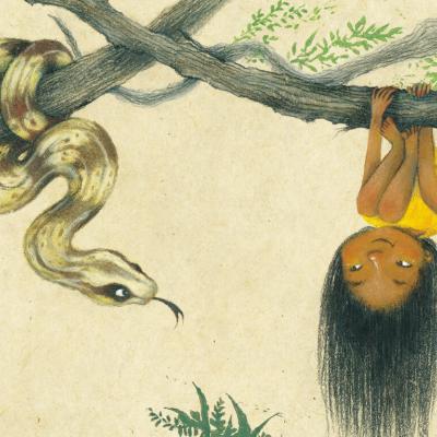 Little girl hangs upside own from a tree next to a boa constrictor